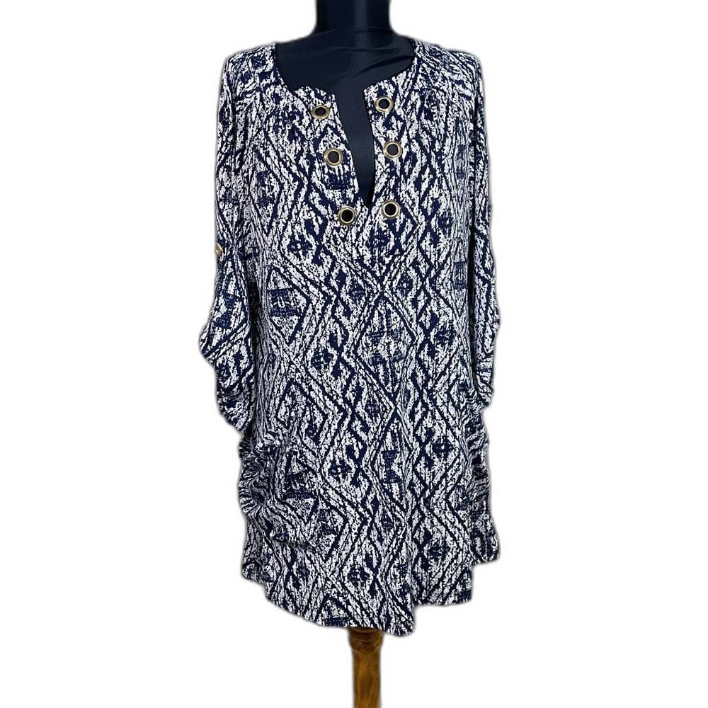 Saint Tropez West Blue & White Print Beach Dress Coverup M Roll tab Pockets
